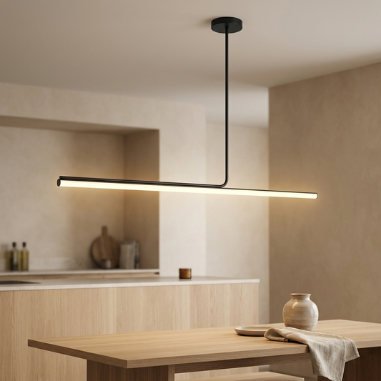 Black linear LED pendant light with asymmetric bar