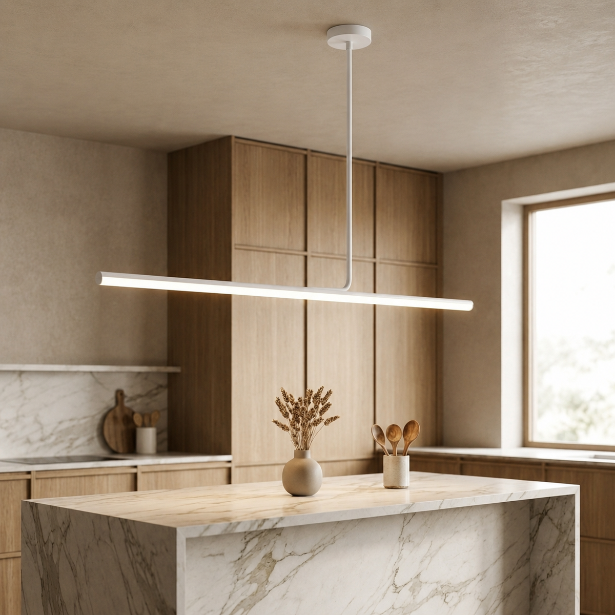 White 120cm linear LED pendant light with asymmetric bar