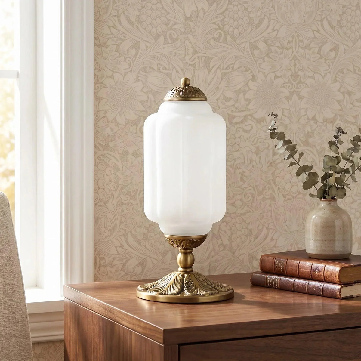 Frosted glass retro table lamp with brass base