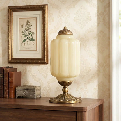 Yellow ribbed glass table lamp with brass base