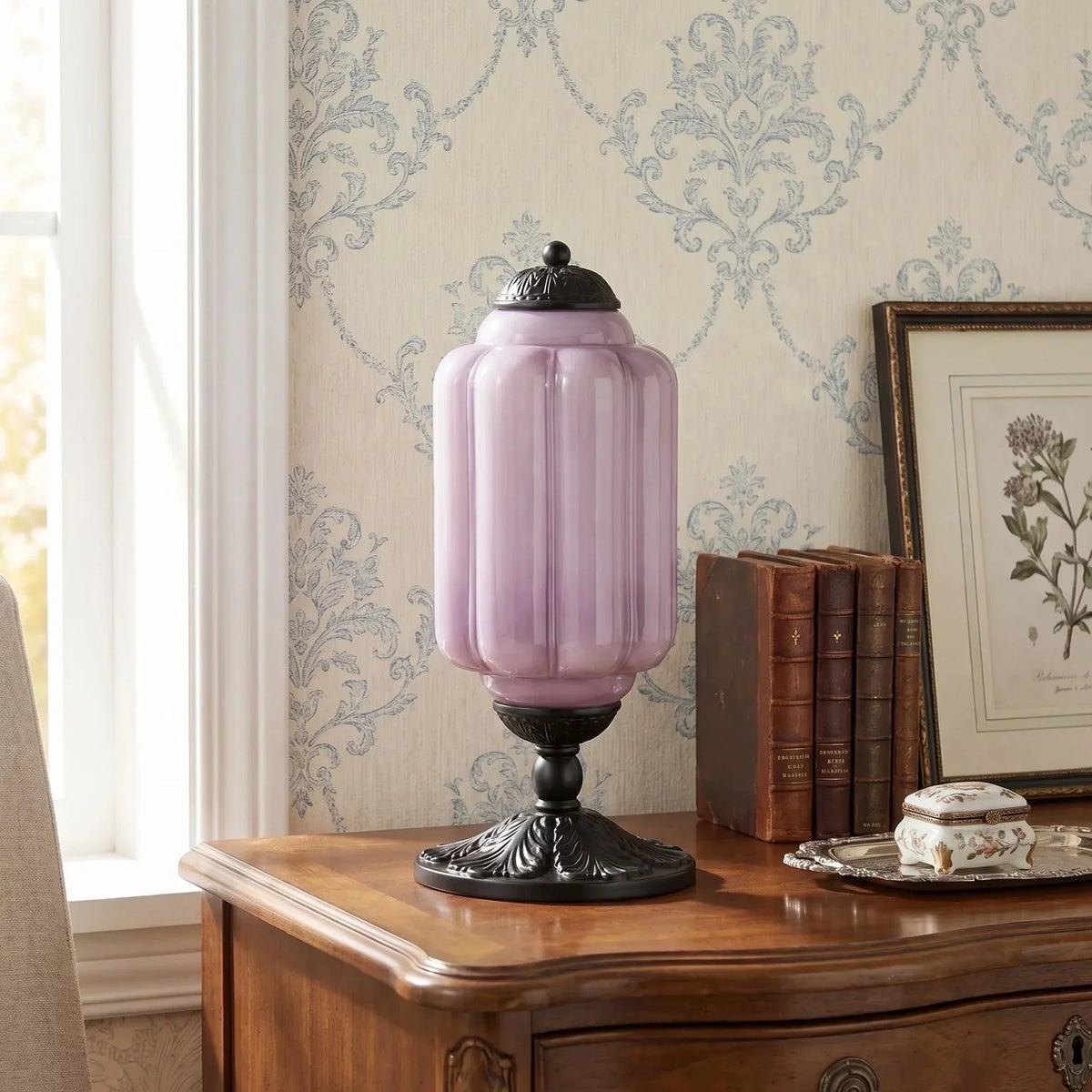 Lavender glass table lamp with black base