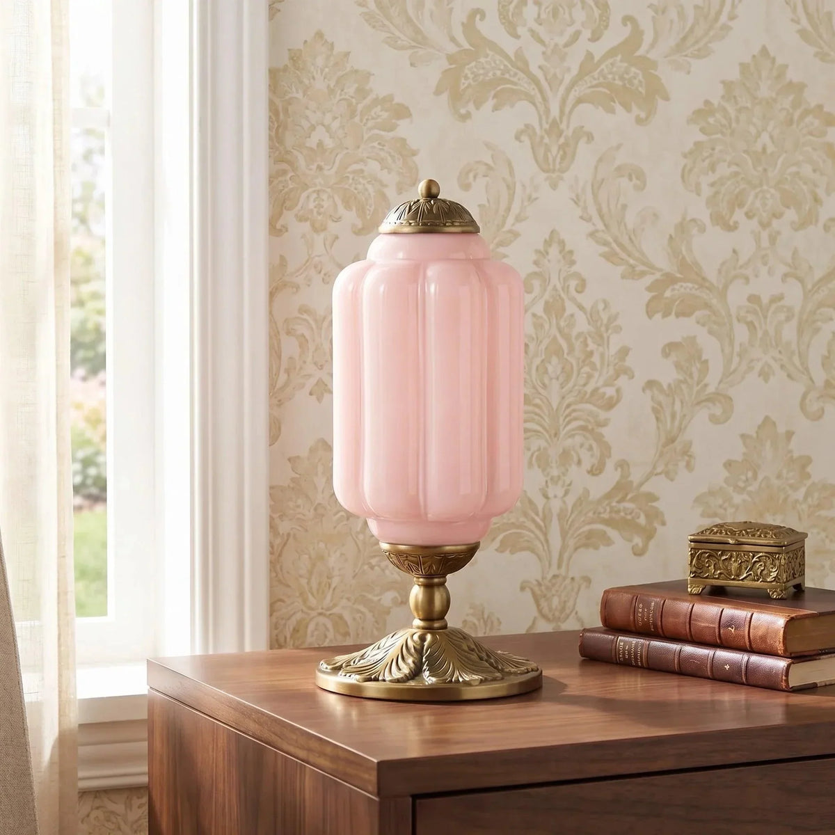 Pink ribbed glass table lamp with brass base