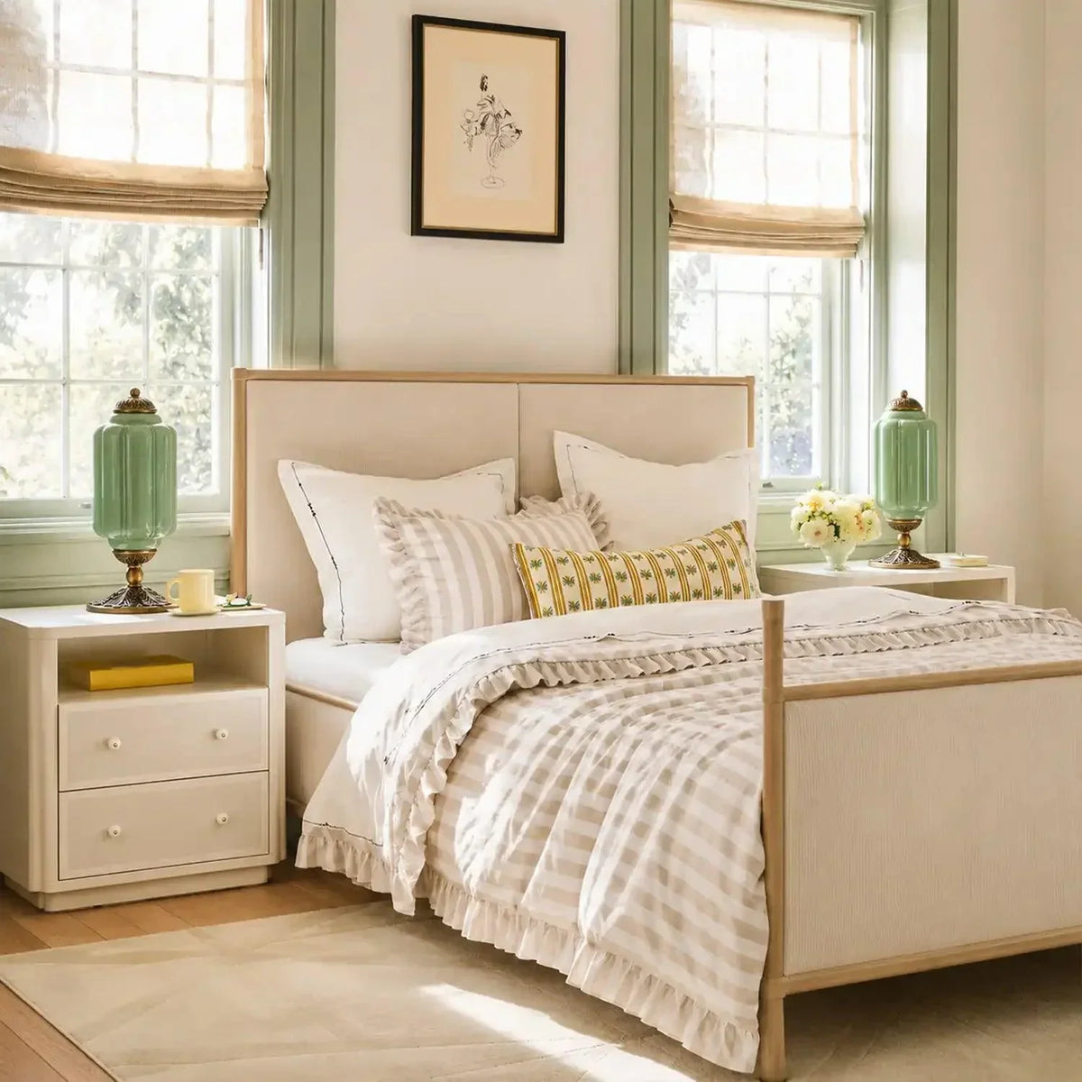 Green glass table lamps on matching bedside tables