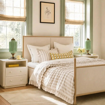 Green glass table lamps on matching bedside tables