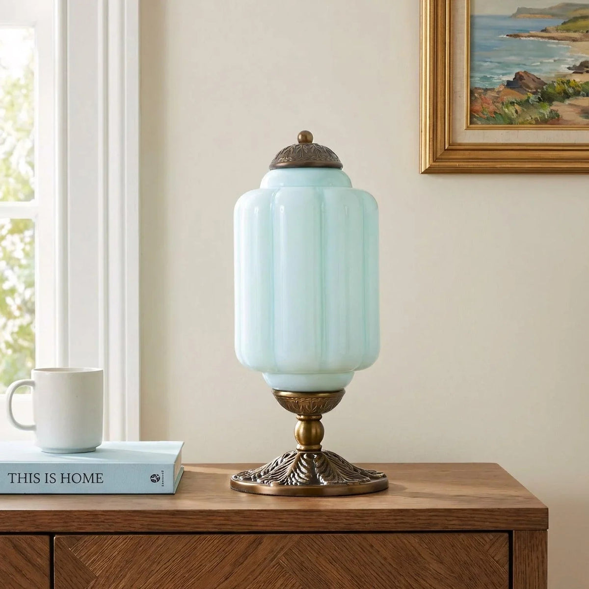 Blue ribbed glass table lamp with brass base