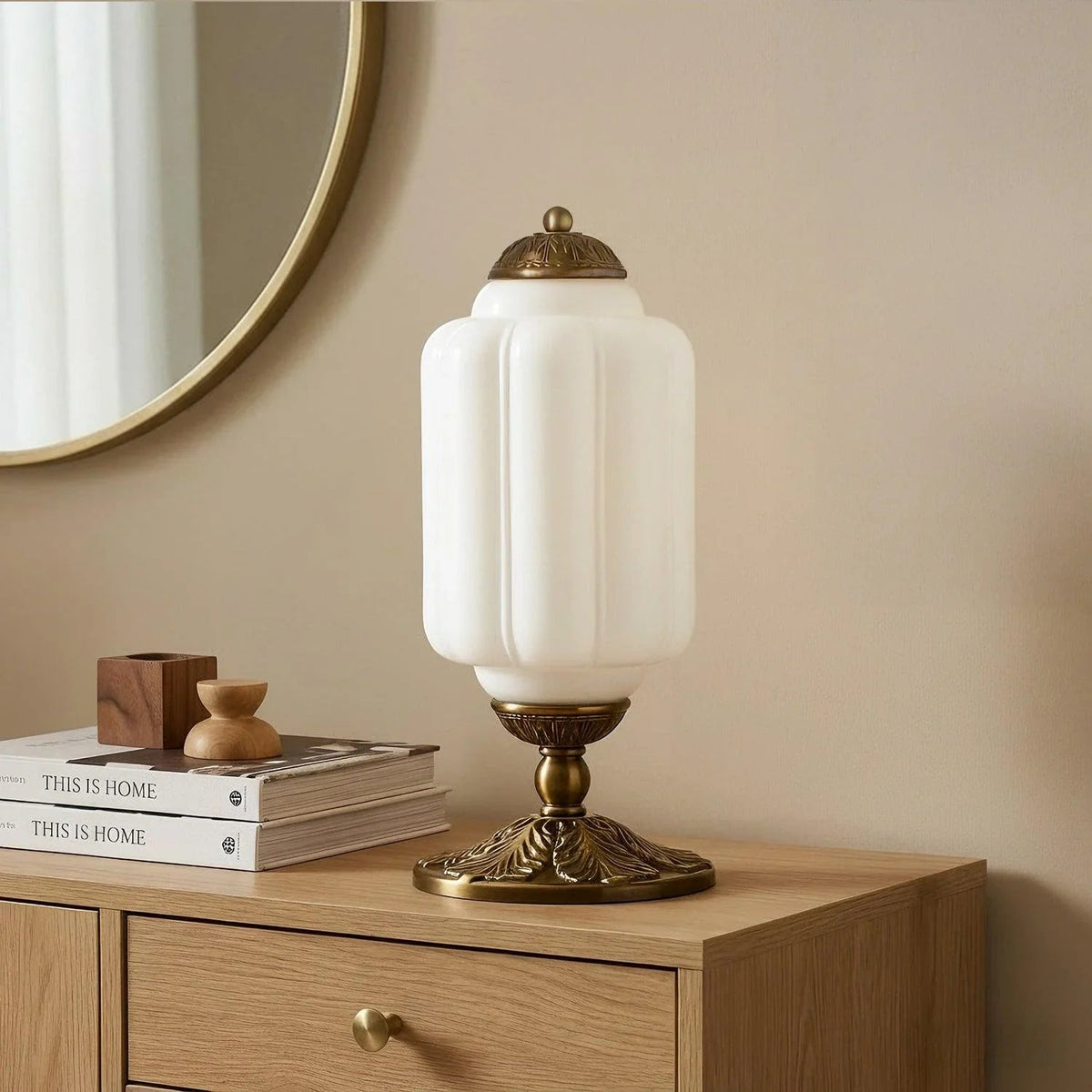 White glass table lamp with ornate brass base