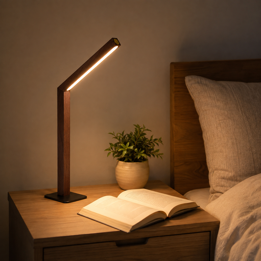 Sapele wooden desk lamp beside an open book