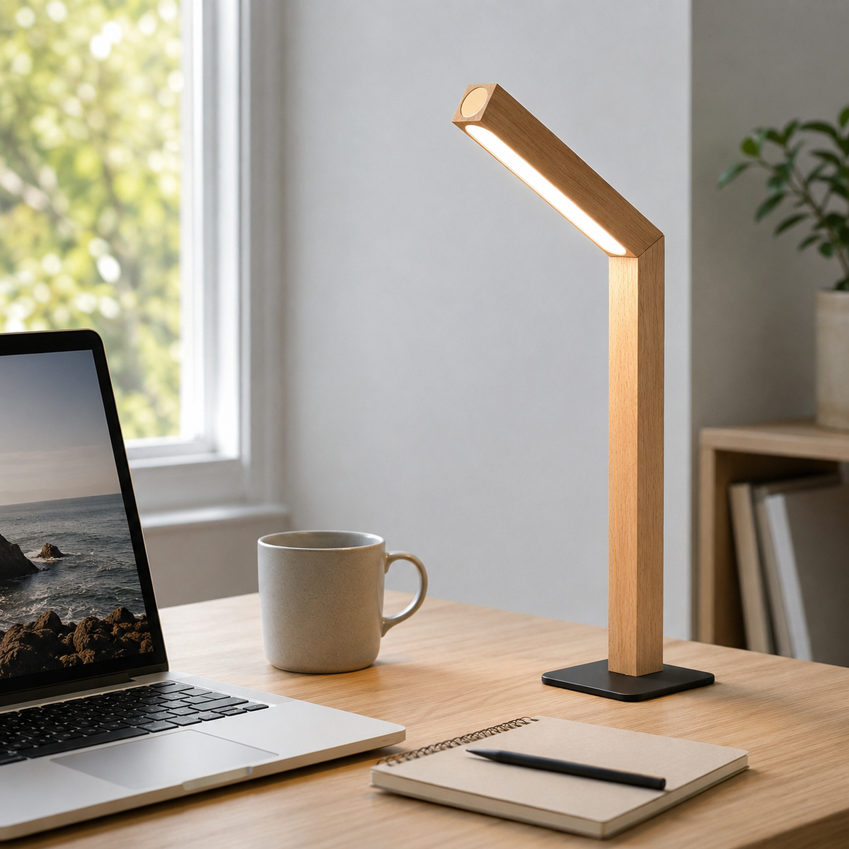 Beech desk lamp beside a laptop