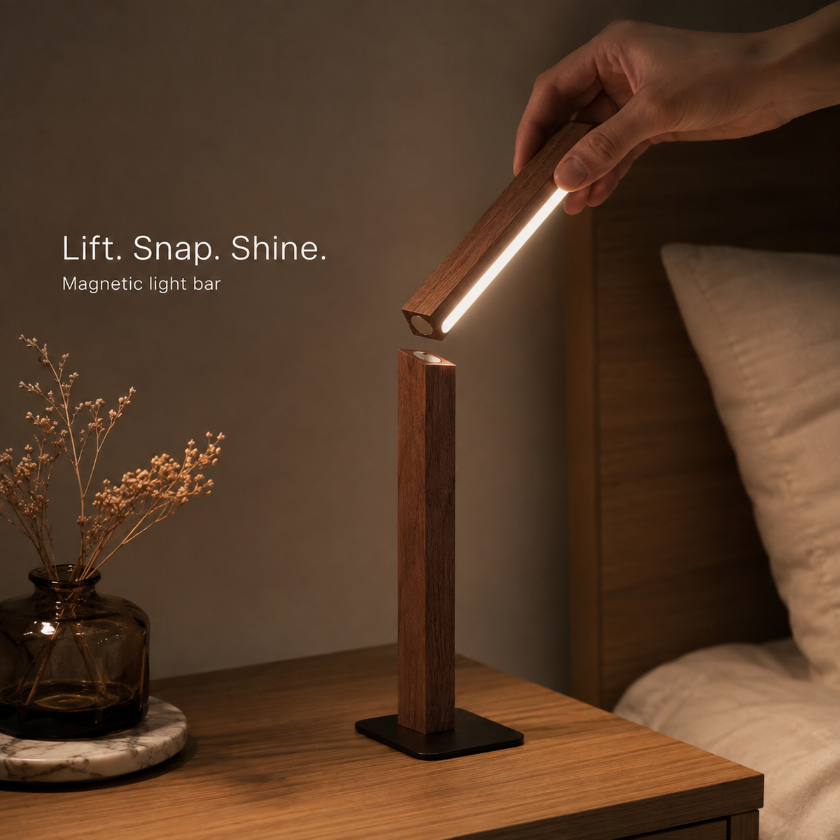Detachable magnetic light bar on a wooden desk lamp