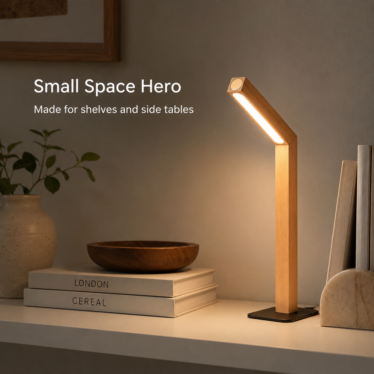 Beech magnetic desk lamp on a shelf