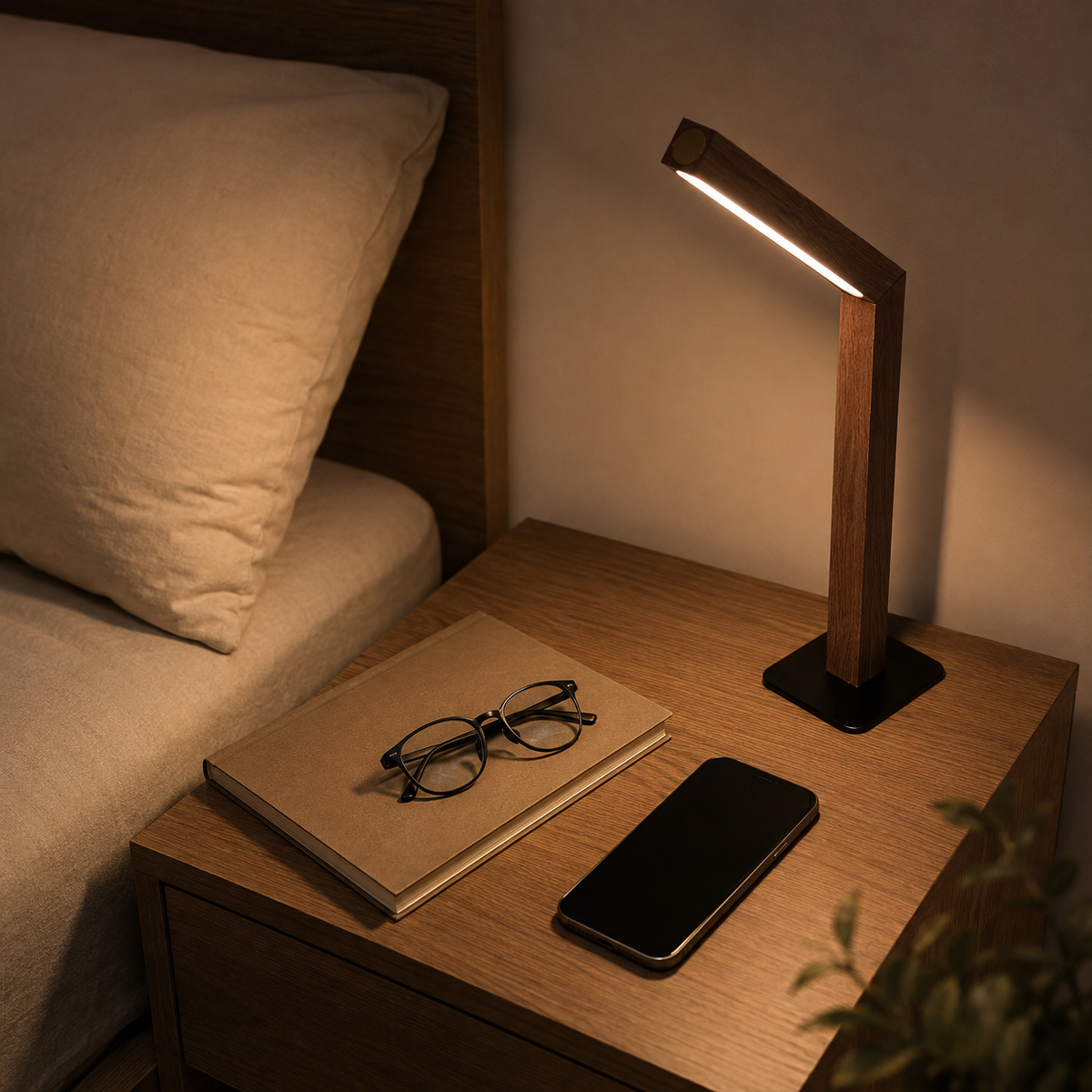 Wooden magnetic lamp on a bedside table