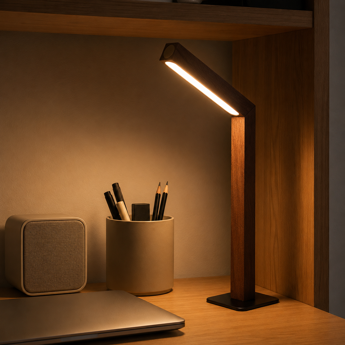 Sapele desk lamp illuminating a workspace