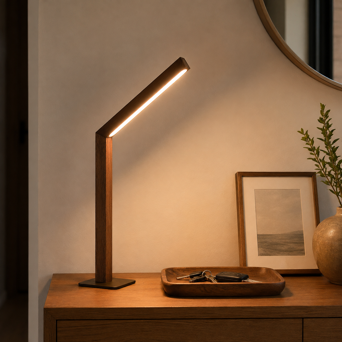 Wooden magnetic lamp on a sideboard