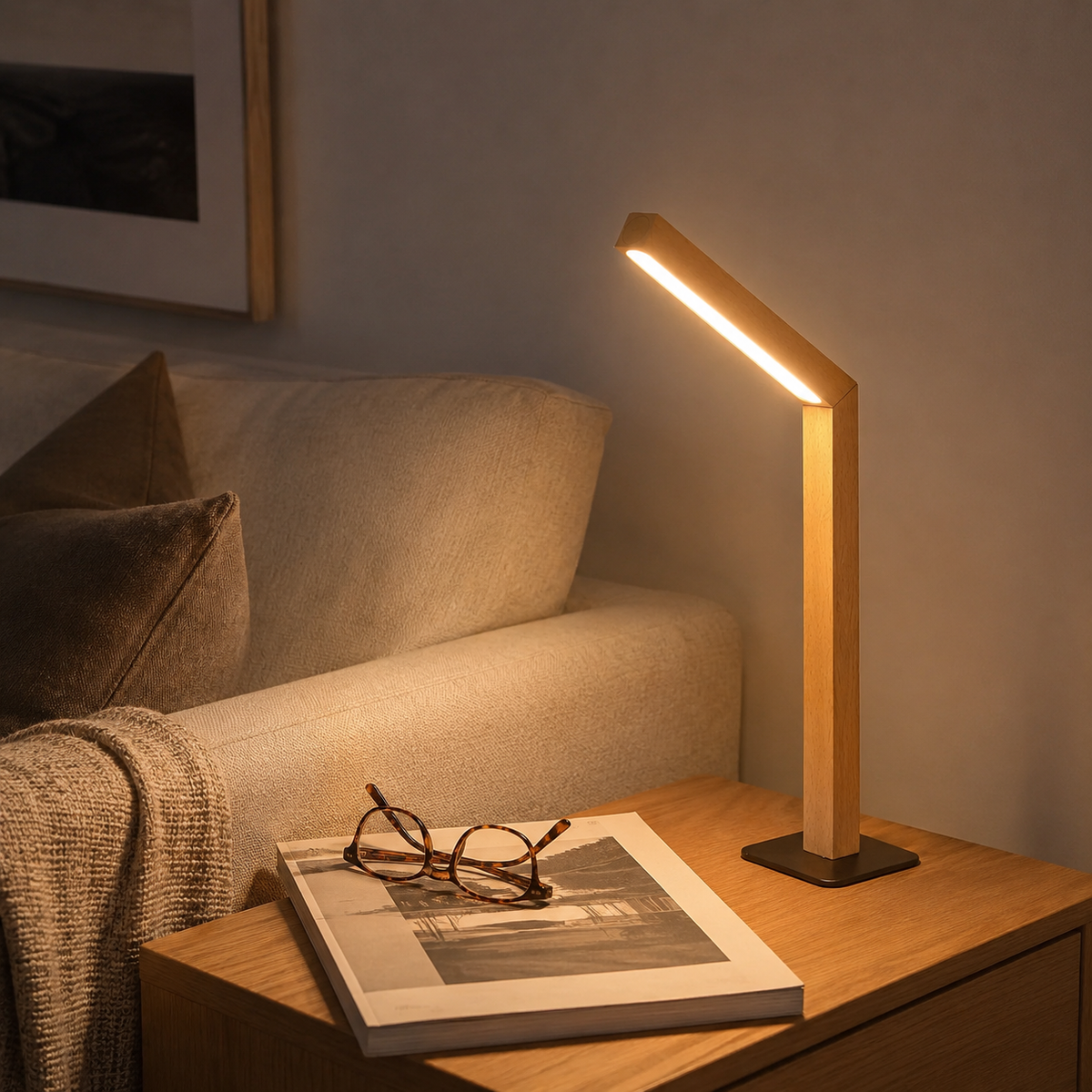 Beech magnetic lamp beside a sofa