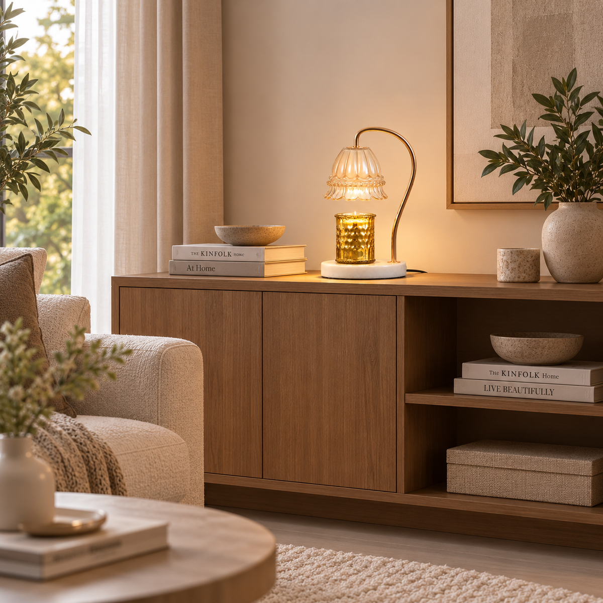 Candle warmer lamp with marble base and curved brass-finish arm
