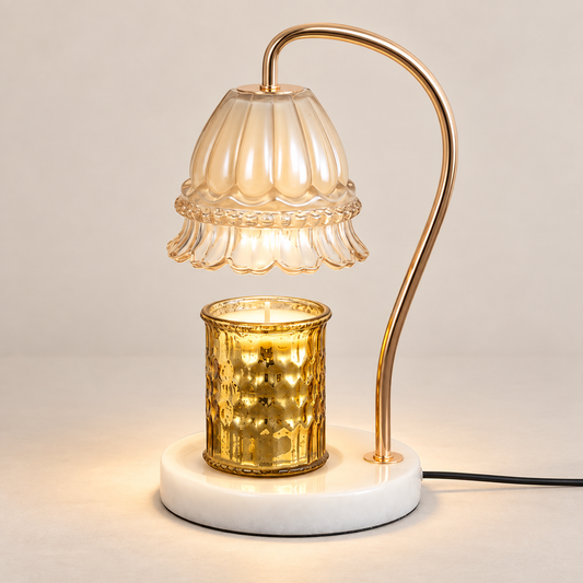 Marble candle warmer lamp with fluted amber glass shade