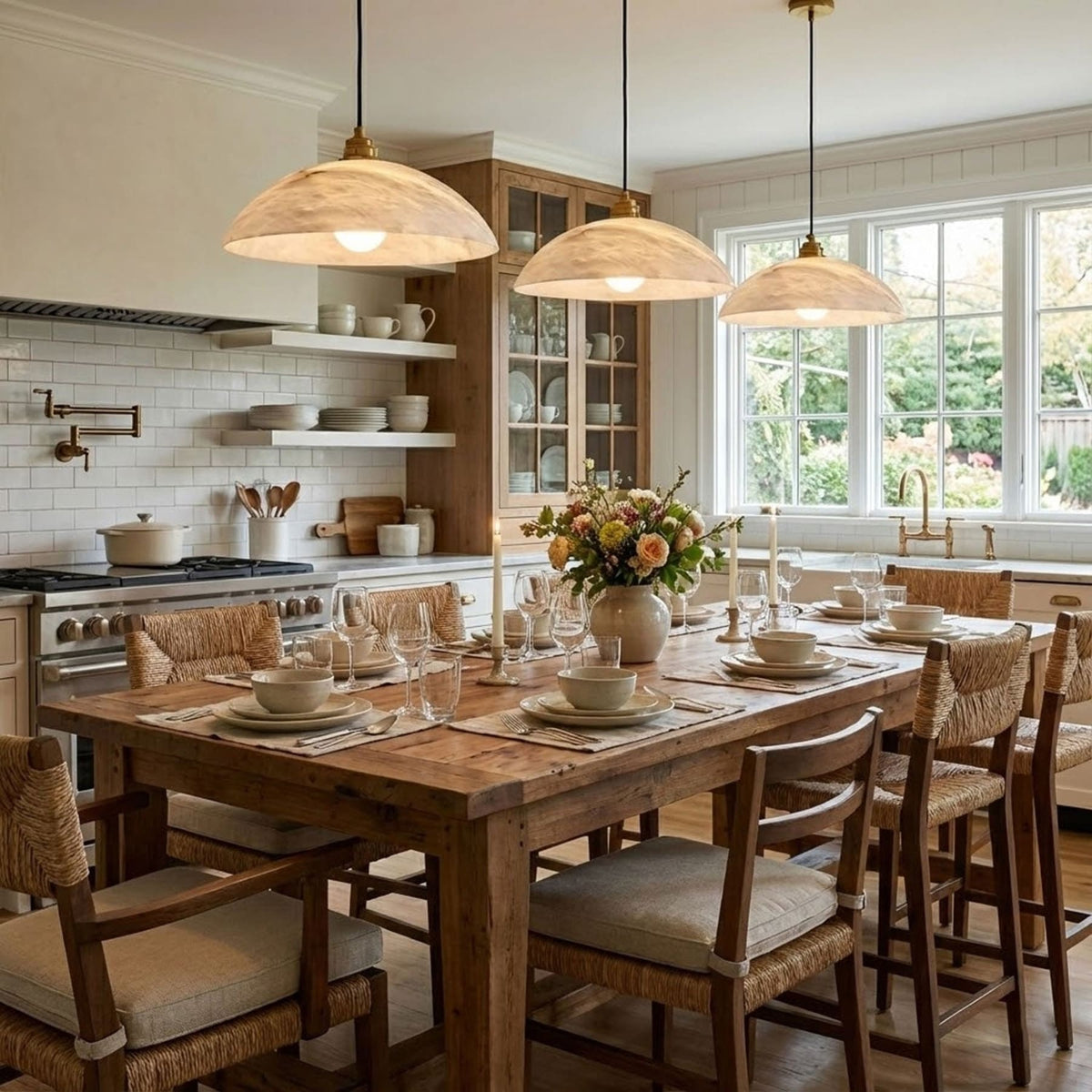 Three illuminated marble pendants above a dining table