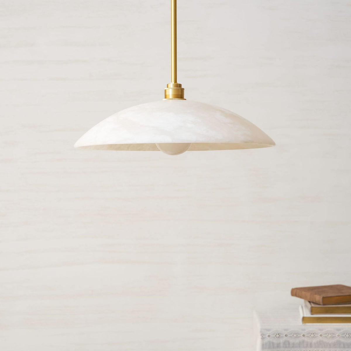 White marble shade and metallic suspension rod