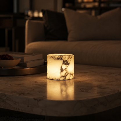 Illuminated marble touch lamp on a coffee table