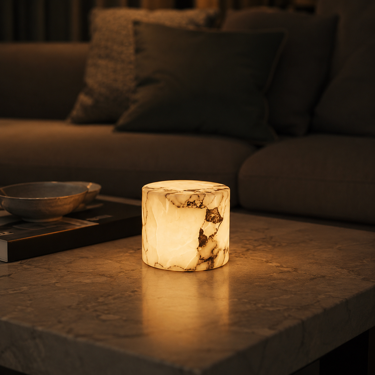 Warm glowing marble lamp in a living room