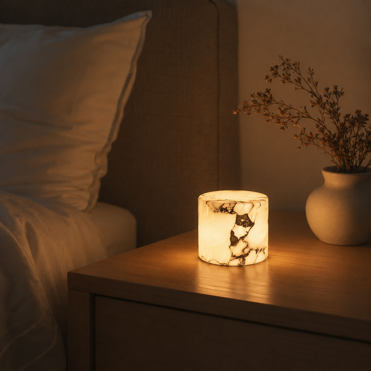 Marble touch light on a bedside table