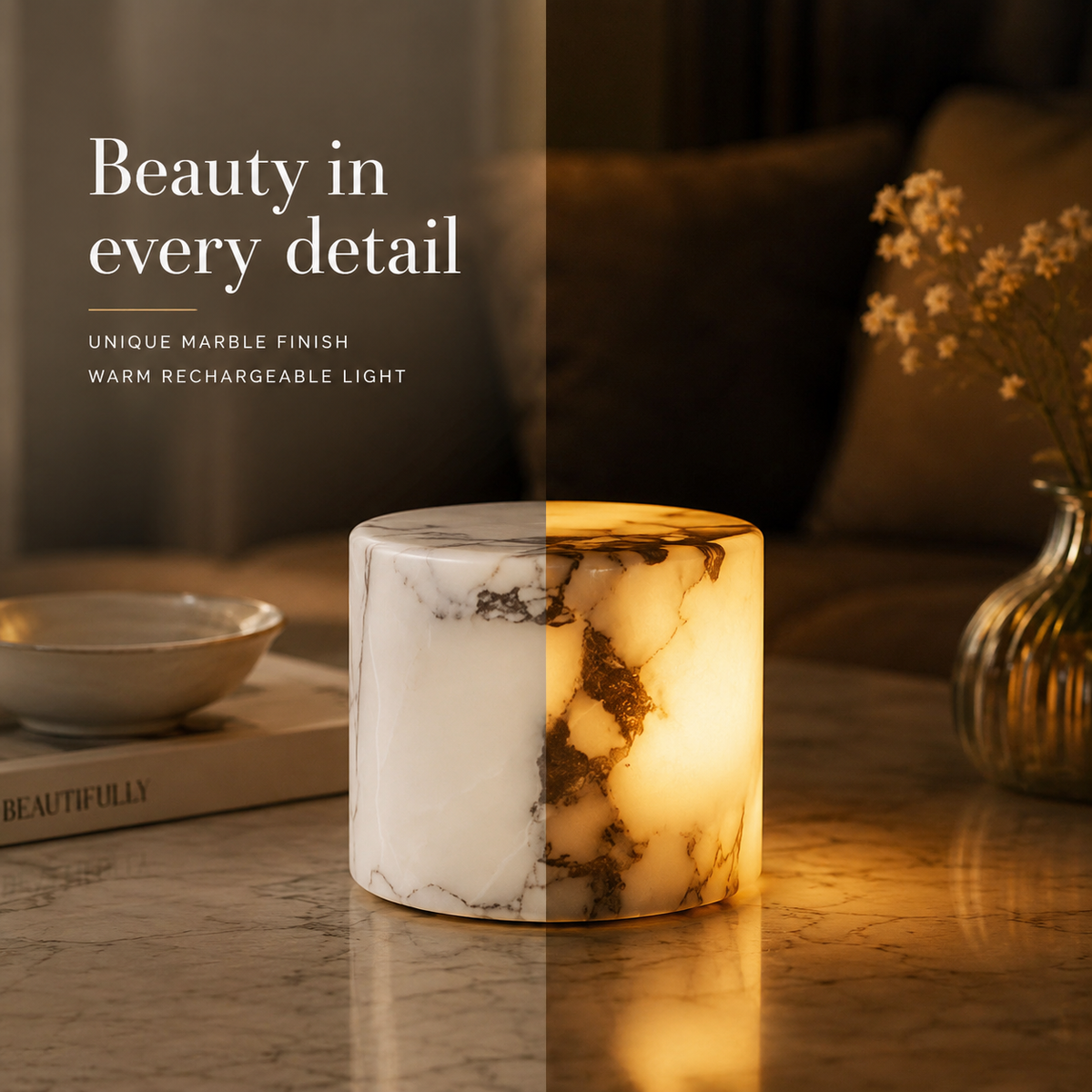 Natural marble lamp with light on and off