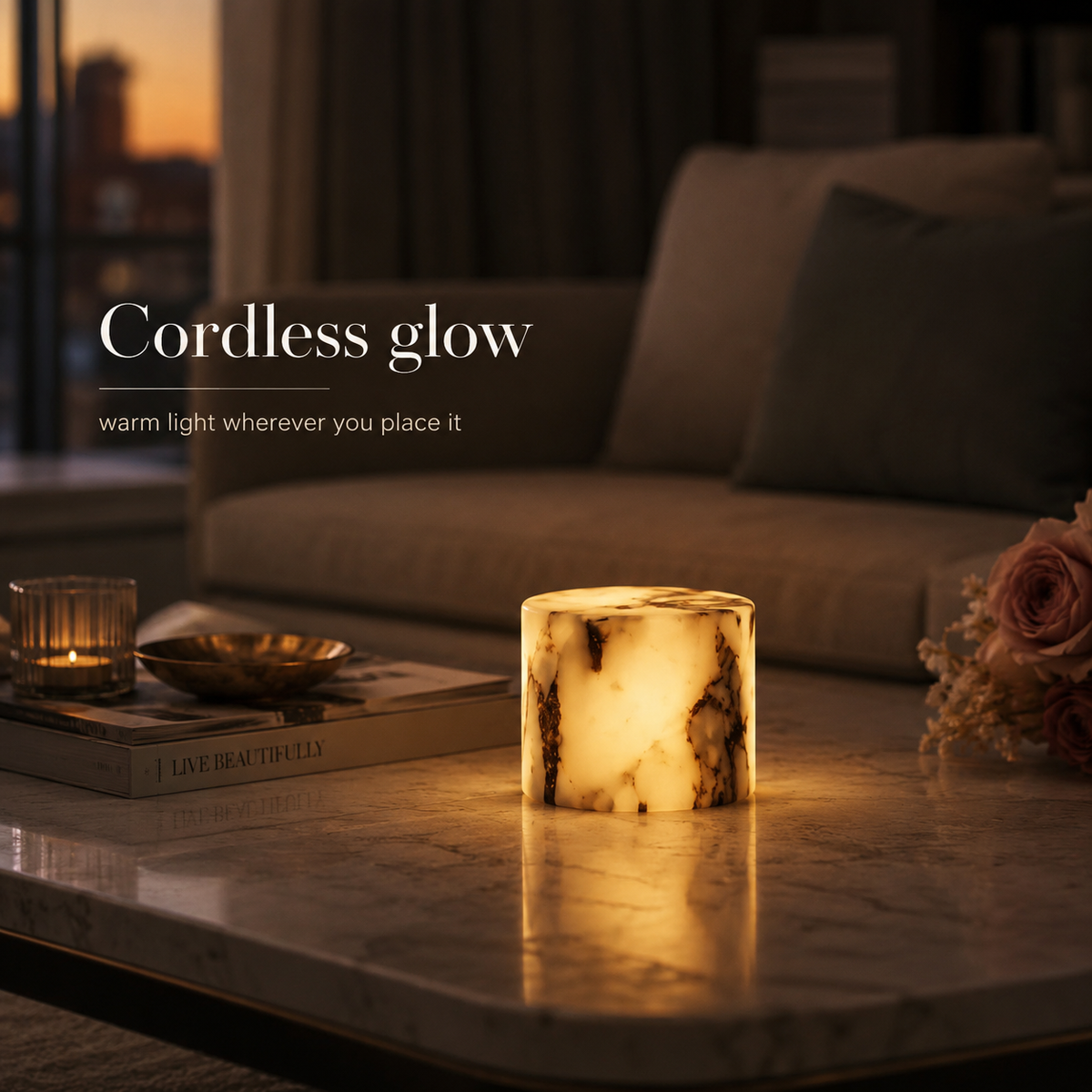 Cordless marble touch light on a living room table