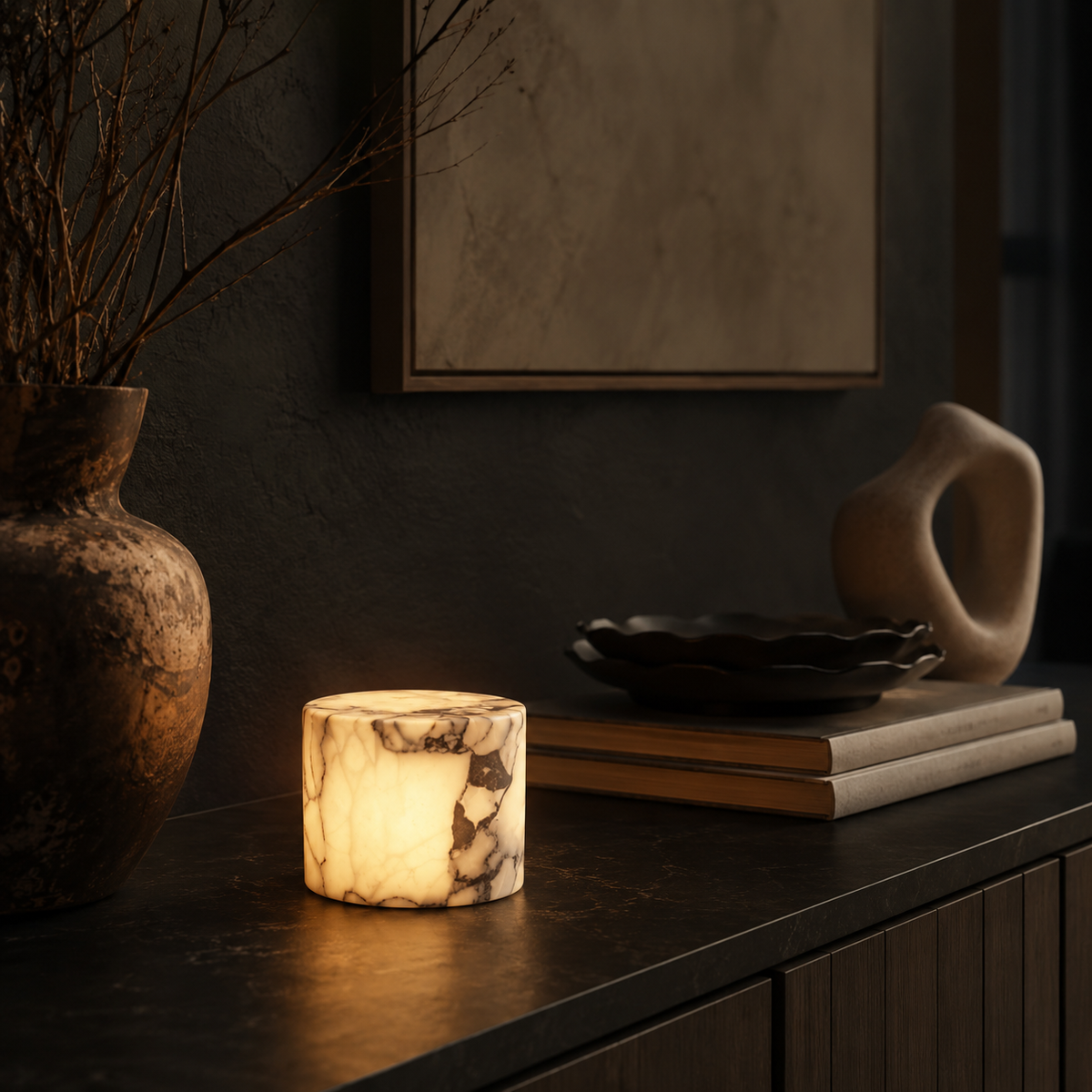Warm marble light on a sideboard