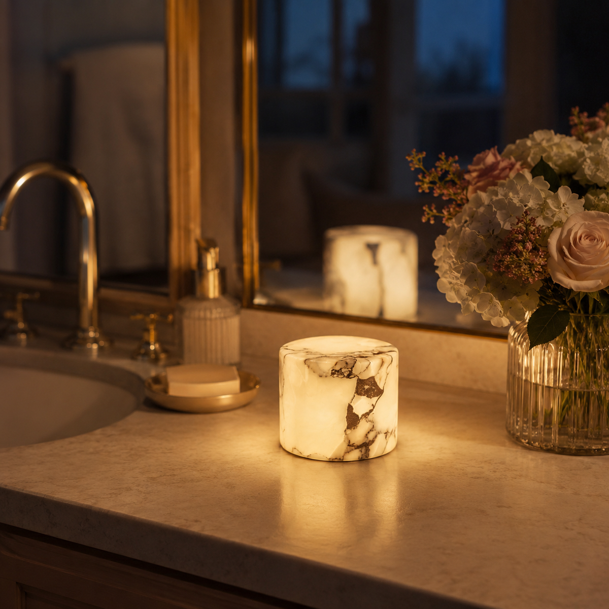 Marble touch lamp beside a kitchen sink