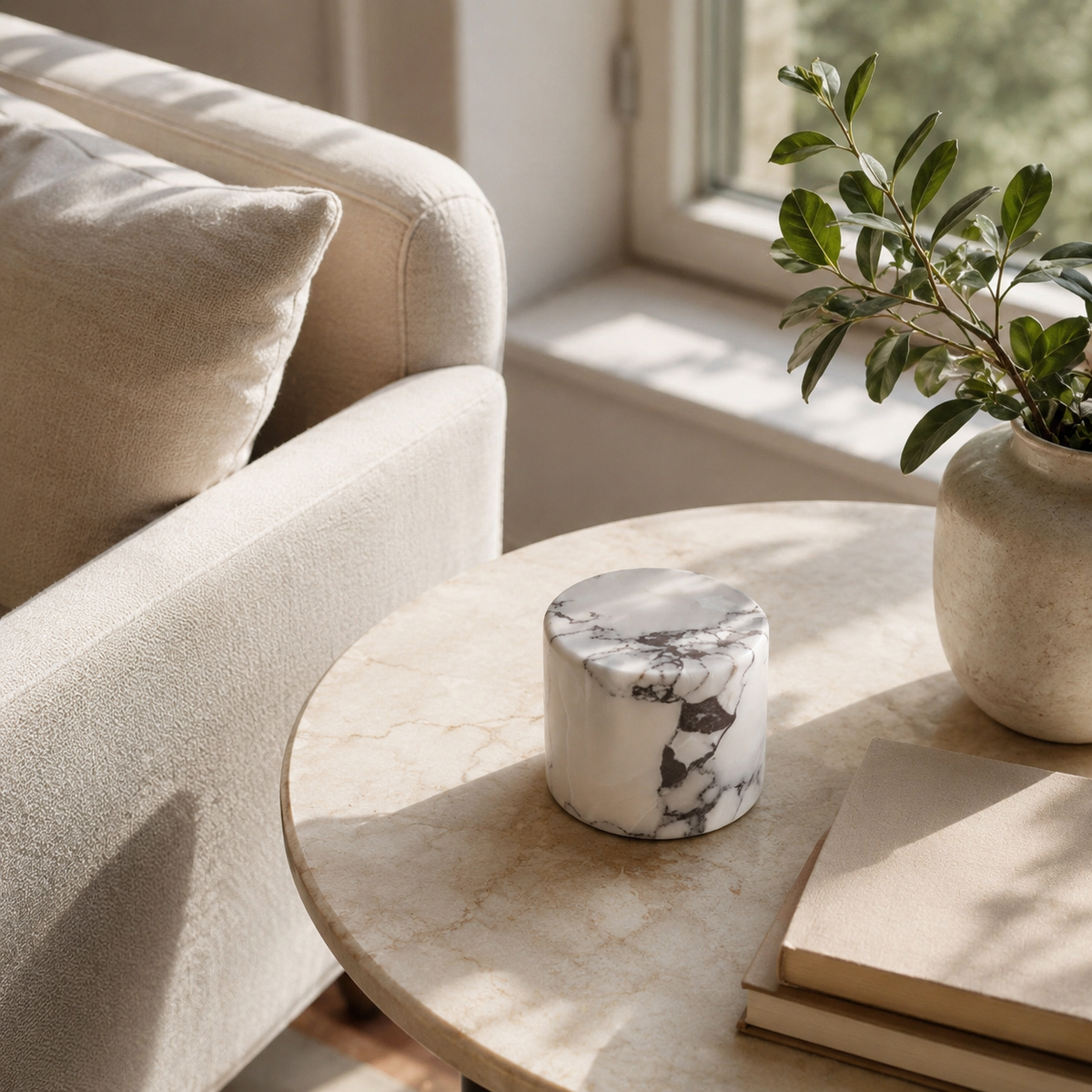 Unlit natural marble touch light on a coffee table