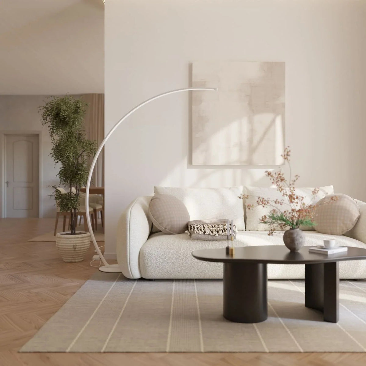 White arc LED floor lamp in a bright living room