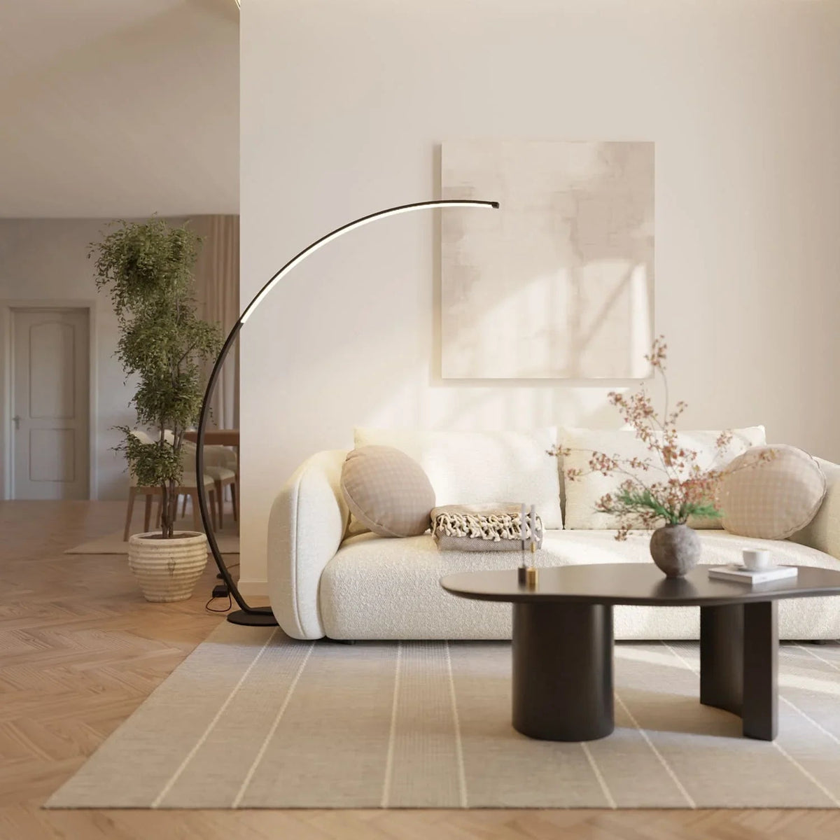 Black arc LED floor lamp in a bright living room