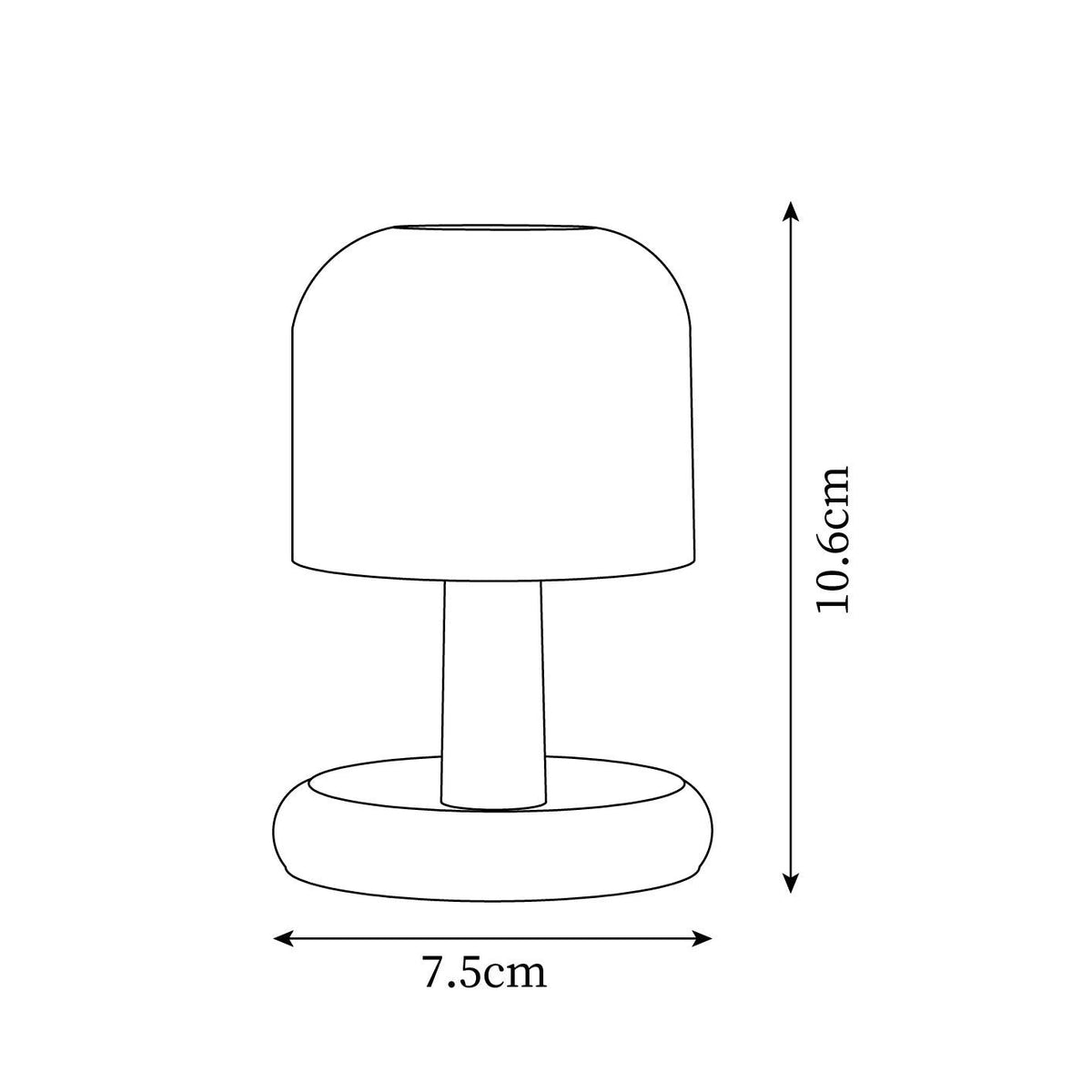 Mini mushroom lamp dimensions 7.5 cm diameter and 10.6 cm height