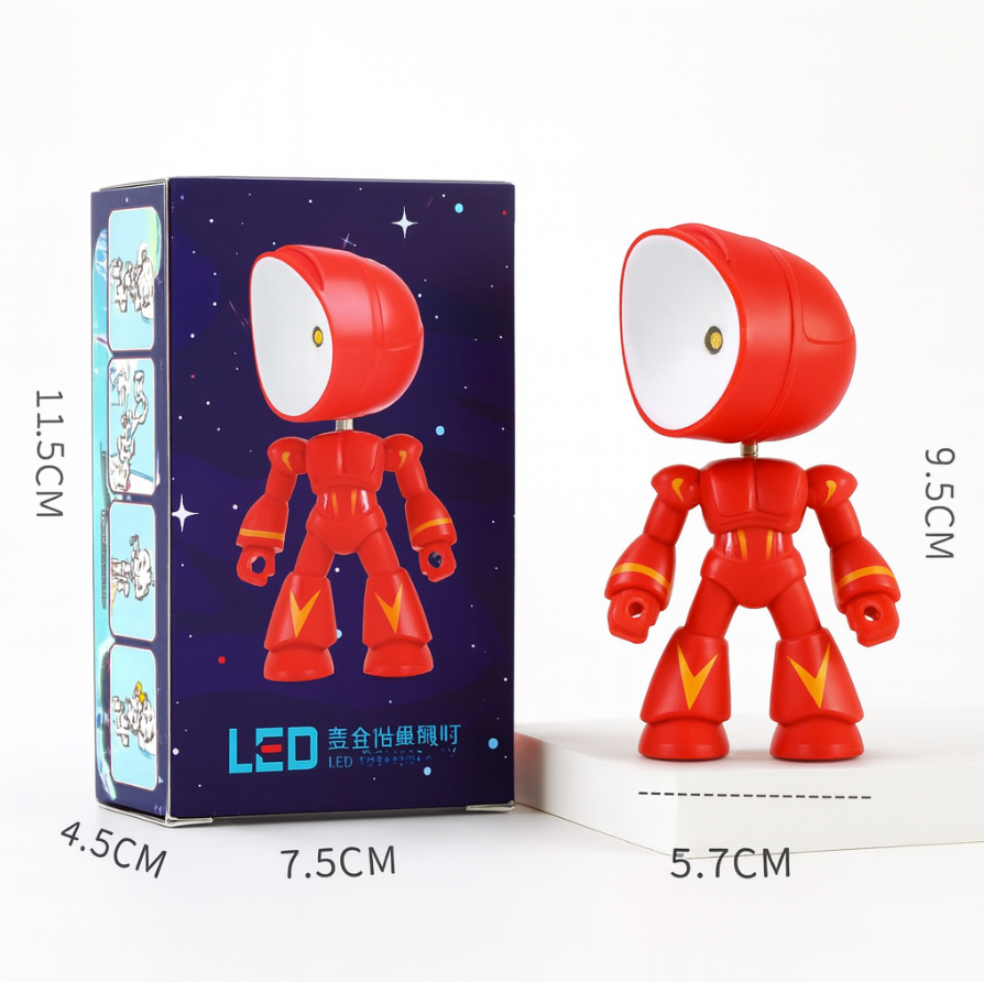 Red robot table lamp with 5.7 cm width and 9.5 cm height dimensions