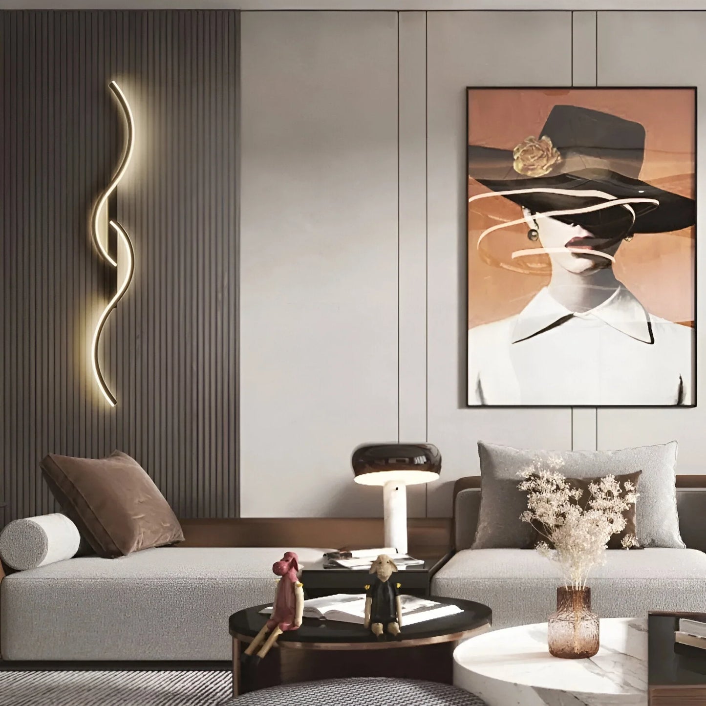 A minimalist curved LED wall light mounted on a grey slatted feature wall in a modern living room, casting a warm glow above a contemporary sofa.