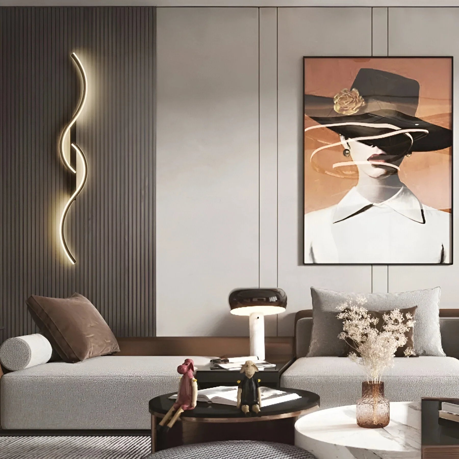 A minimalist curved LED wall light mounted on a grey slatted feature wall in a modern living room, casting a warm glow above a contemporary sofa.