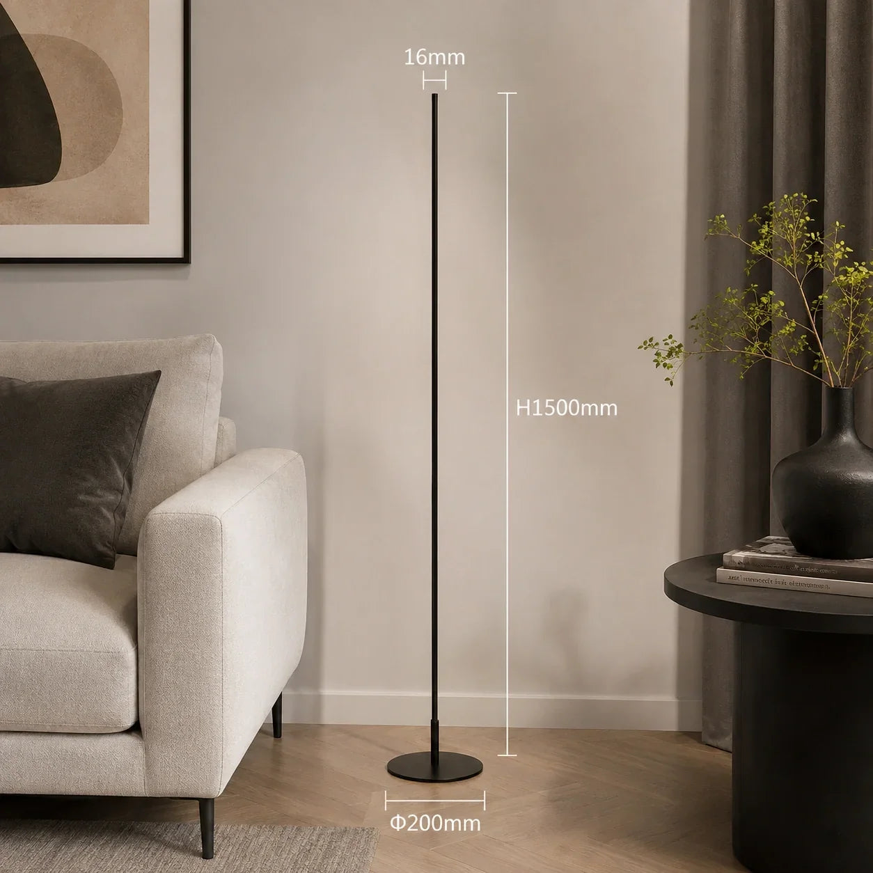 Minimalist LED floor lamp in black, showing dimensions of 1500mm height and 200mm base diameter in a modern living room setting.