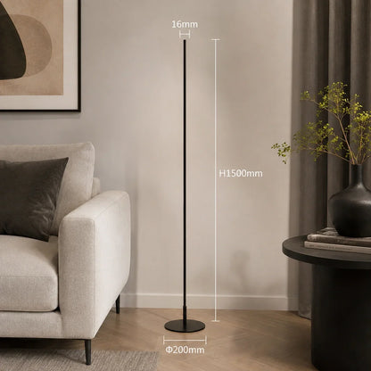 Minimalist LED floor lamp in black, showing dimensions of 1500mm height and 200mm base diameter in a modern living room setting.