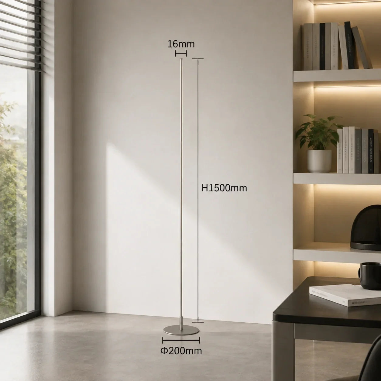 Silver minimalist LED floor lamp with dimensions shown: height of 1500mm, base diameter of 200mm, and pole width of 16mm, in a modern interior.