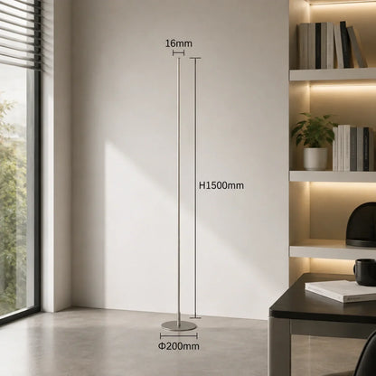 Silver minimalist LED floor lamp with dimensions shown: height of 1500mm, base diameter of 200mm, and pole width of 16mm, in a modern interior.