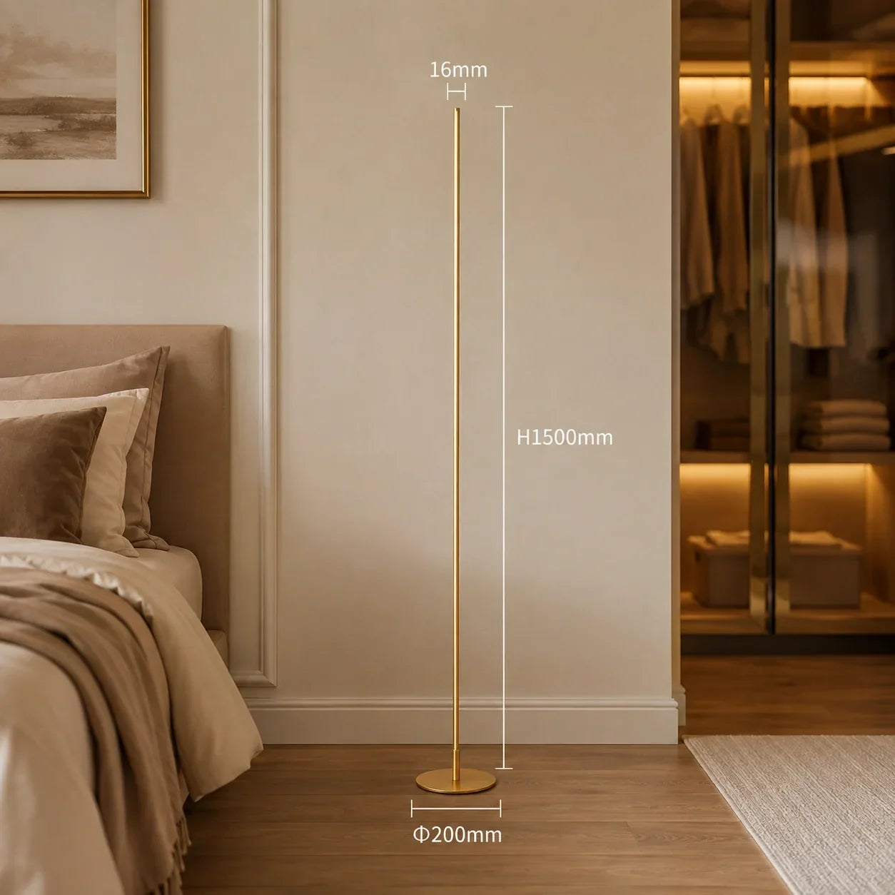 Minimalist gold LED floor lamp in a bedroom setting, showing dimensions of 1500mm height, 200mm base diameter, and 16mm pole thickness.