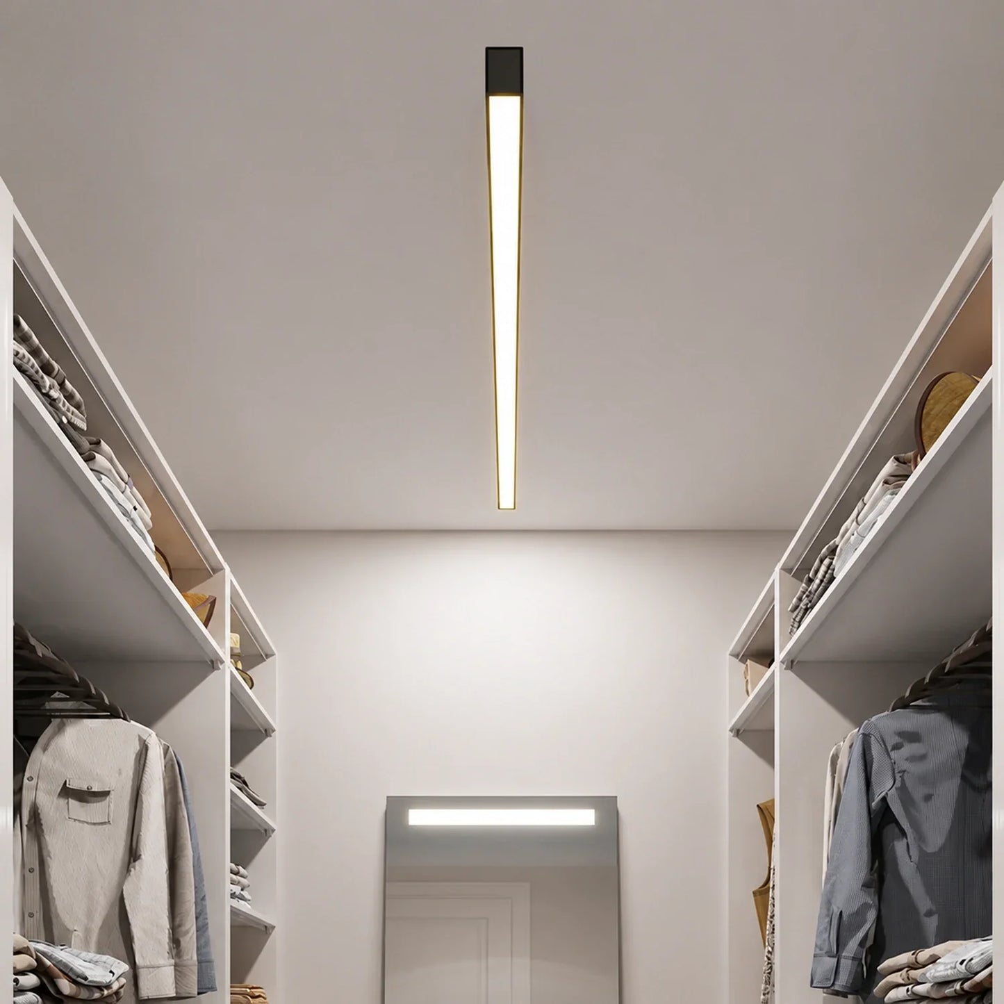 A minimalist linear LED ceiling light mounted centrally in a modern walk-in wardrobe, providing bright, even illumination between two clothing racks.