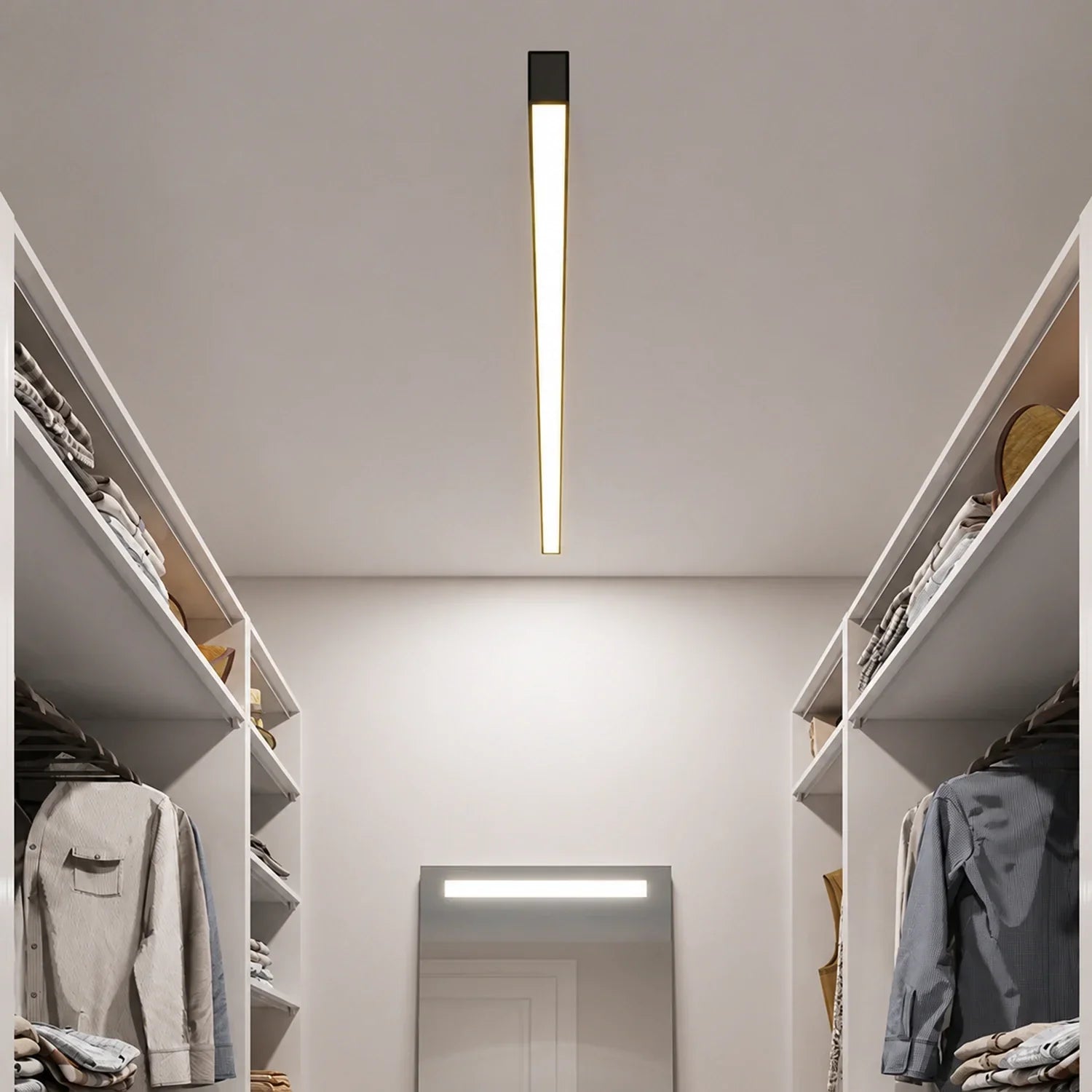 A minimalist linear LED ceiling light mounted centrally in a modern walk-in wardrobe, providing bright, even illumination between two clothing racks.