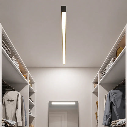 A minimalist linear LED ceiling light mounted centrally in a modern walk-in wardrobe, providing bright, even illumination between two clothing racks.