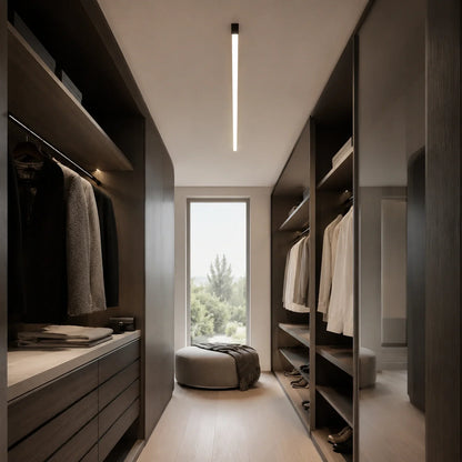 Minimalist linear LED ceiling light installed in a modern walk-in wardrobe with dark wooden cabinetry, hanging clothes, and a neutral circular ottoman.