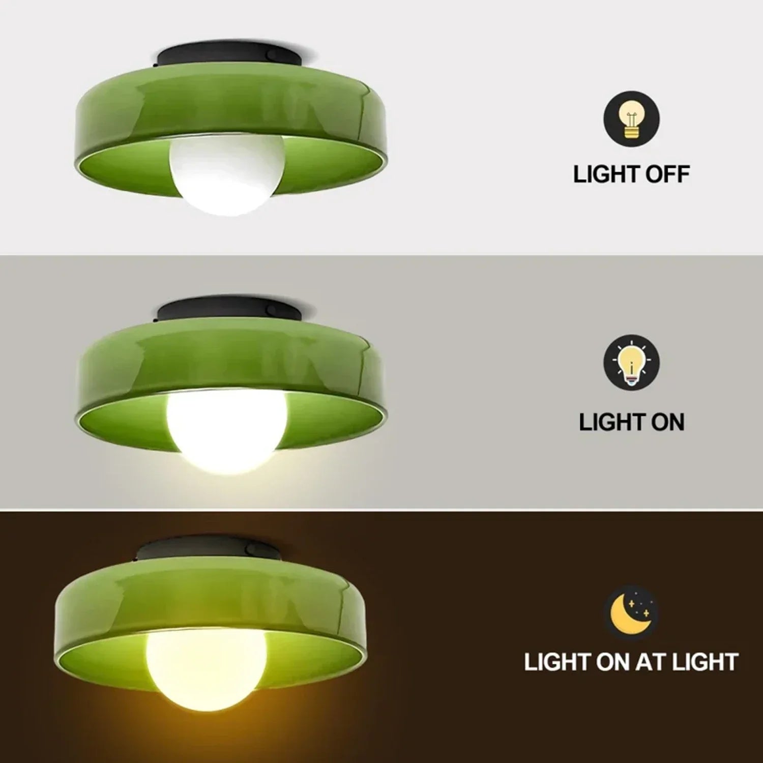 Modern Bauhaus flush mount ceiling light with a green glass shade, shown in three states: light off, light on, and illuminated in a dark environment.