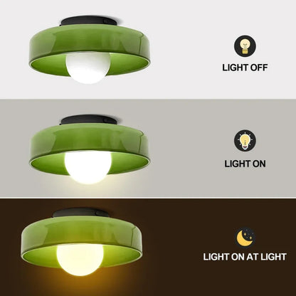 Modern Bauhaus flush mount ceiling light with a green glass shade, shown in three states: light off, light on, and illuminated in a dark environment.