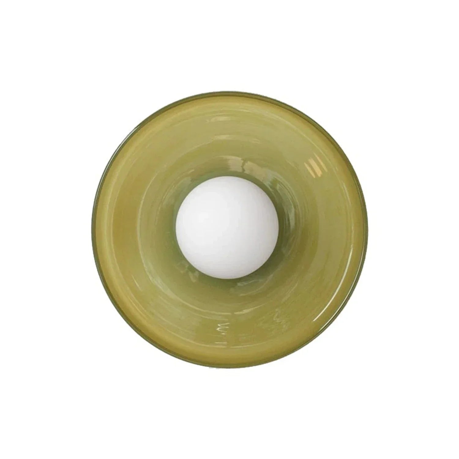 Modern Bauhaus flush mount ceiling light featuring a circular olive green glass shade with a central white globe bulb, viewed from directly below.