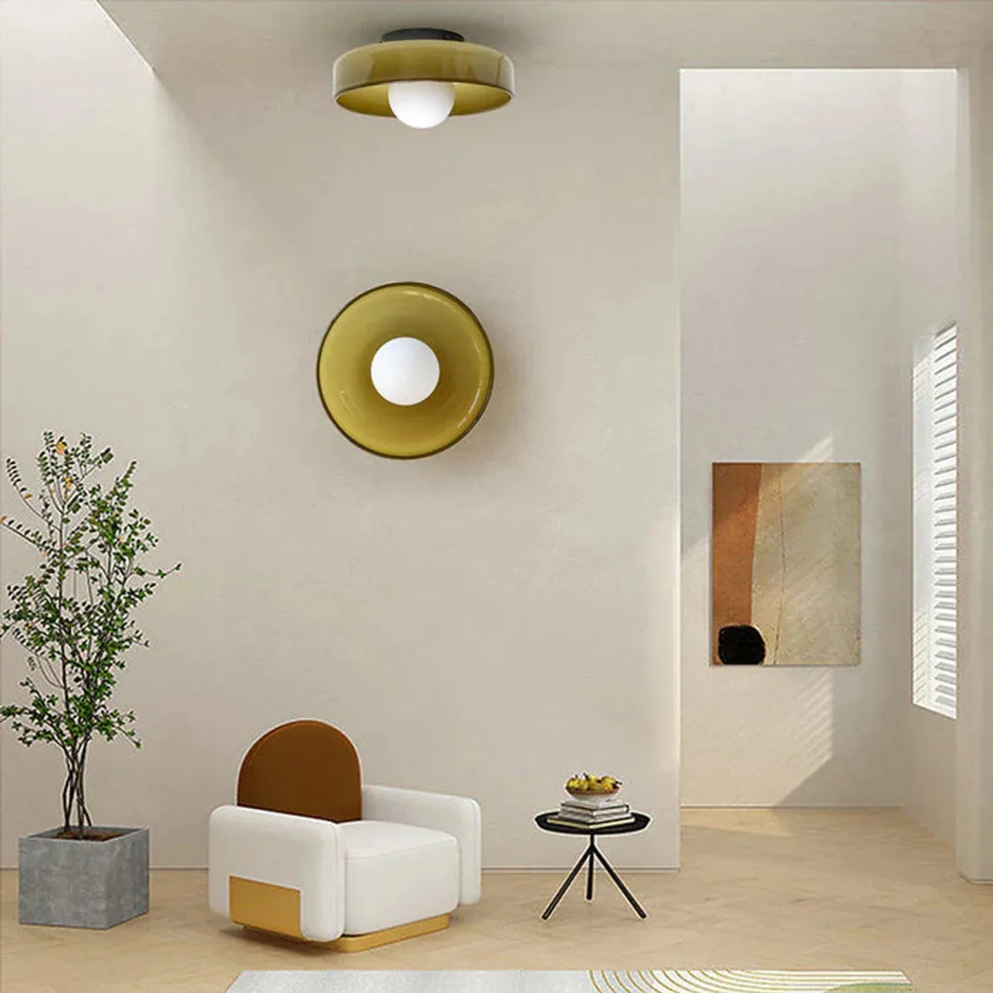 Modern Bauhaus flush mount ceiling light in olive green with a spherical glass bulb, installed in a minimalist living room with neutral decor.