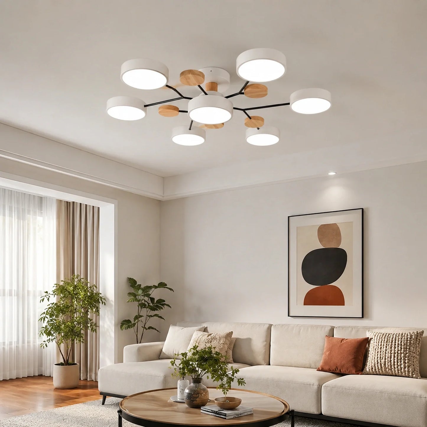 Modern Round LED Ceiling Light with Wooden Accents